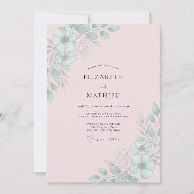 Invitation Mariage Feuille de Menthe Rose (Devant)