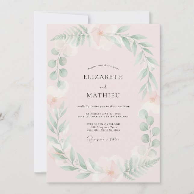 Invitation Mariage Feuille de Menthe Rose Pâle (Devant)