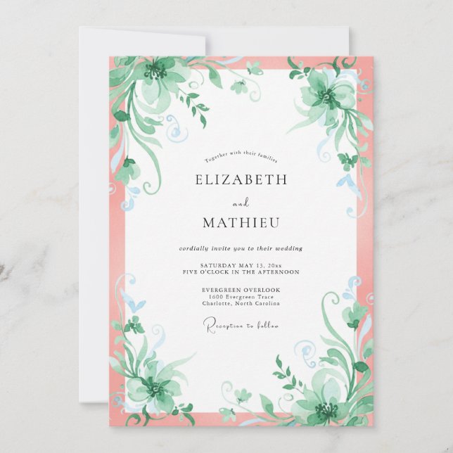 Invitation Mariage feuille de menthe saumon (Devant)