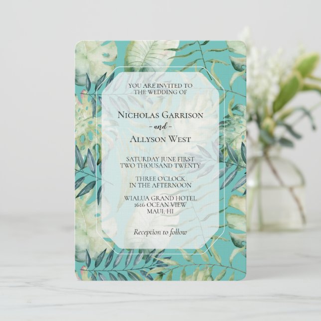 Invitation Mariage Feuille de Mint Tropical Green (Debout devant)