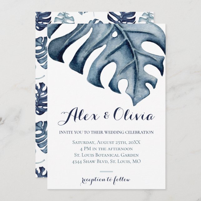 Invitation Mariage Feuille de Monstera d'aquarelle bleu (Devant / Derrière)