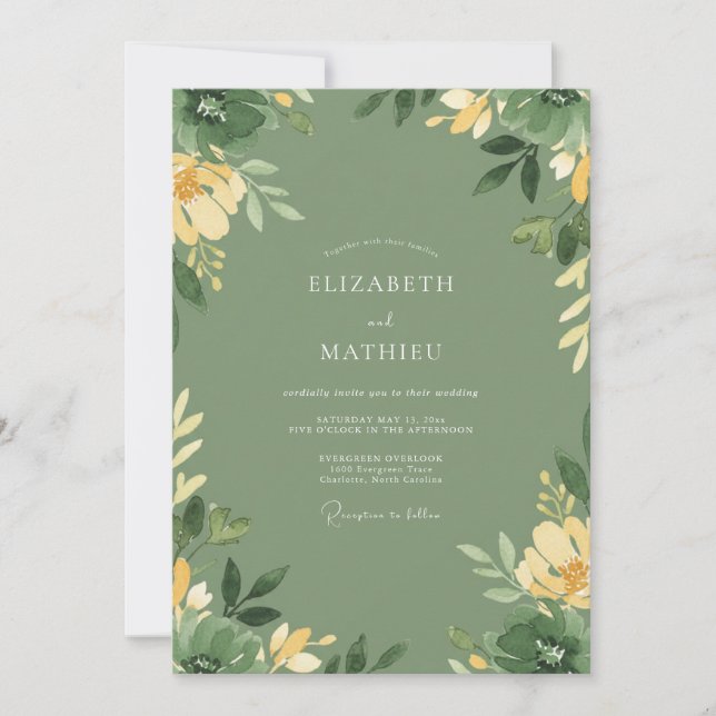 Invitation Mariage Feuille de Mousse Jaune (Devant)