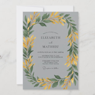 Invitation Mariage feuille de moutarde ardoise botanique