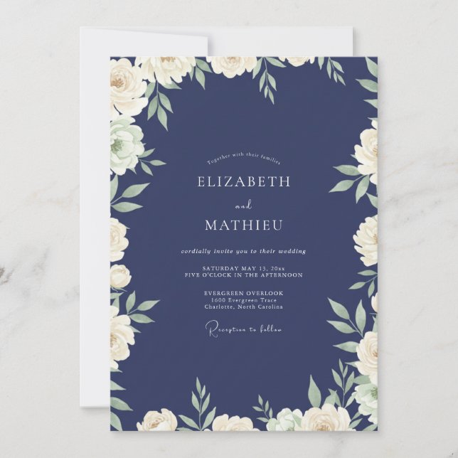 Invitation Mariage Feuille de Navy Ivoire (Devant)