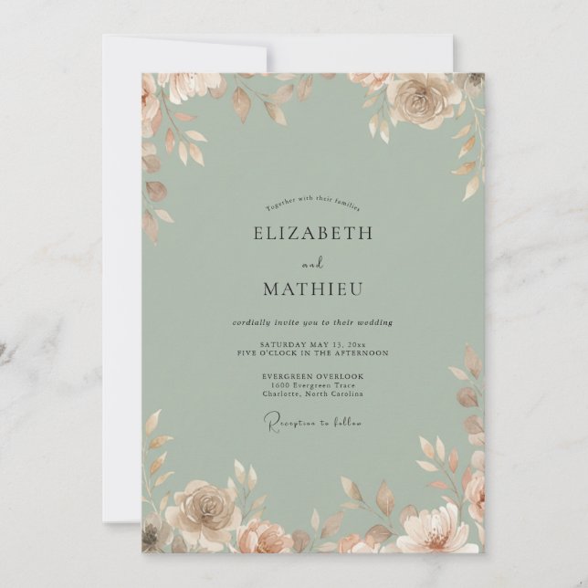 Invitation Mariage feuille de pêche céladon (Devant)