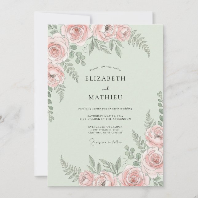 Invitation Mariage Feuille de Pêche Menthe (Devant)