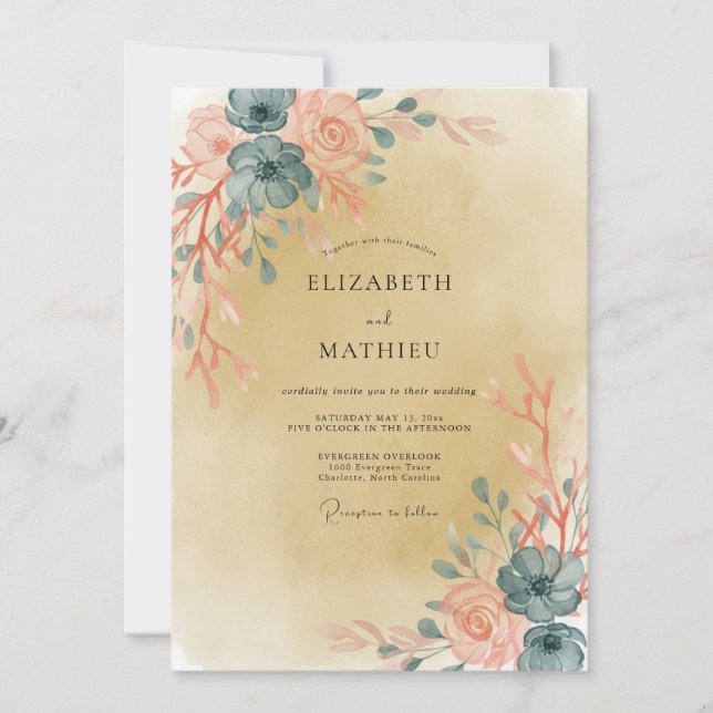 Invitation Mariage Feuille de Pêche Poussiéreuse en Acier (Devant)