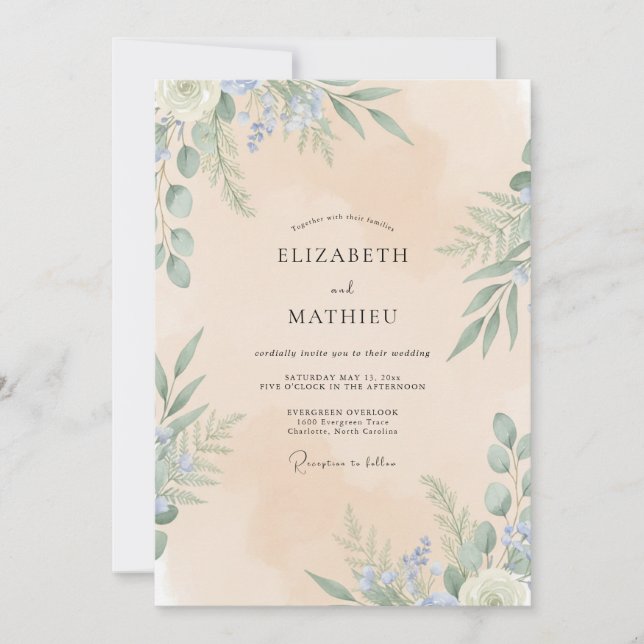 Invitation Mariage feuille de pervenche champagne (Devant)