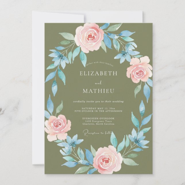 Invitation Mariage feuille de pervenche olive (Devant)