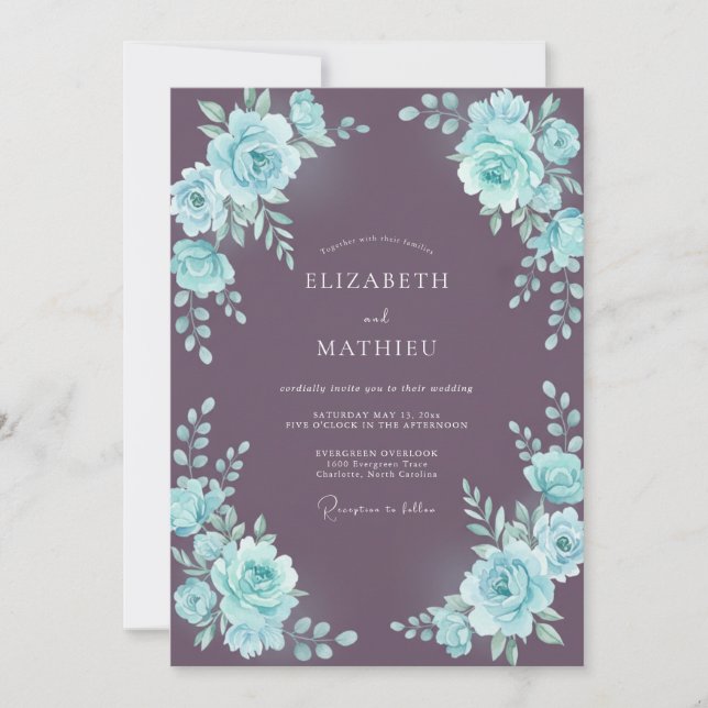 Invitation Mariage feuille de prune Aqua (Devant)