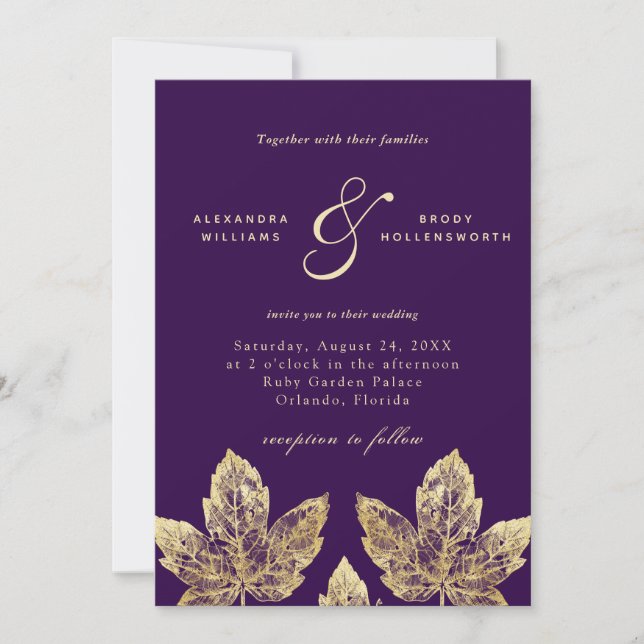 Invitation Mariage Feuille de purple et or Rustique Gold Foil (Devant)