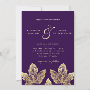 Invitation Mariage Feuille de purple et or Rustique Gold Foil