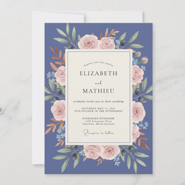 Invitation Mariage Feuille de Rose Slate (Devant)