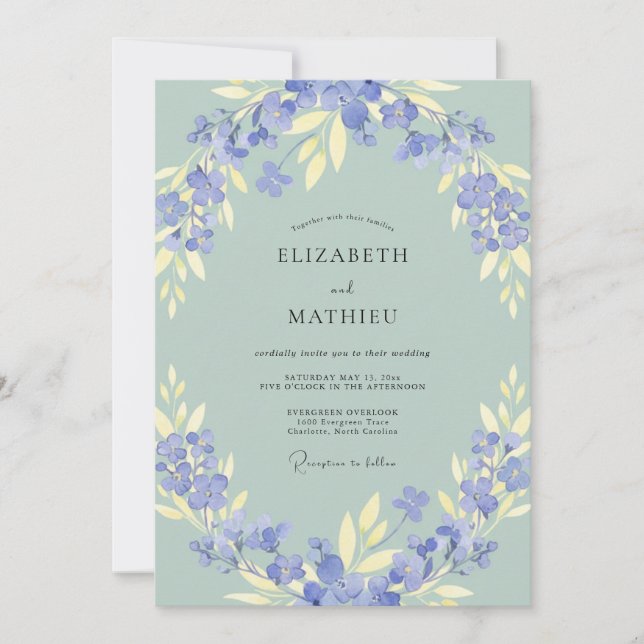 Invitation Mariage Feuille de Sauge Olive Pervenche (Devant)