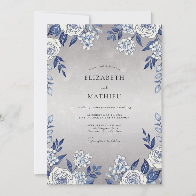 Invitation Mariage Feuille de Slate Azur (Devant)
