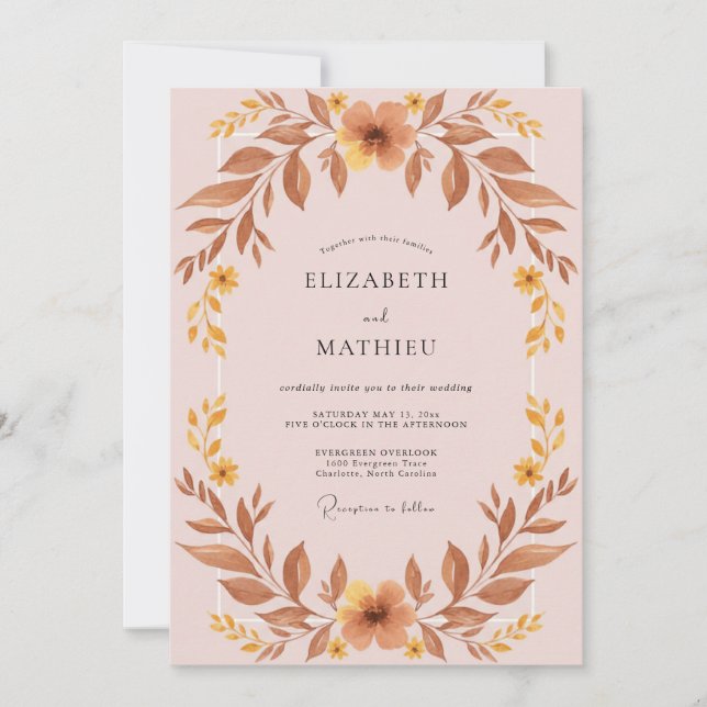 Invitation Mariage Feuille de Terre de Sienne Mauve (Devant)