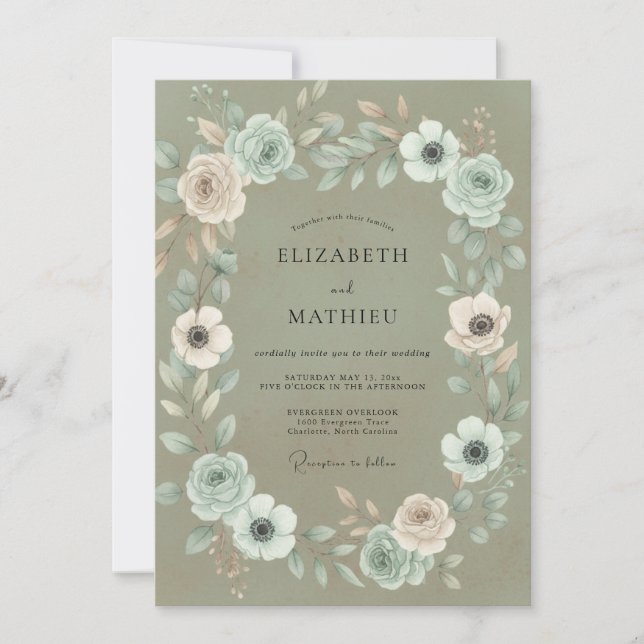 Invitation Mariage Feuille de Thé Vert Mousse (Devant)