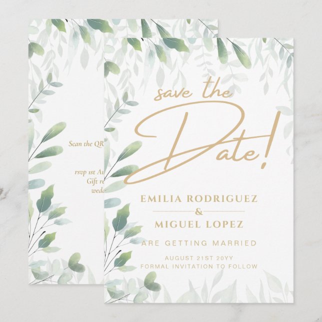 Invitation Mariage Feuille de verdure moderne Enregistrer Dat (Devant / Derrière)
