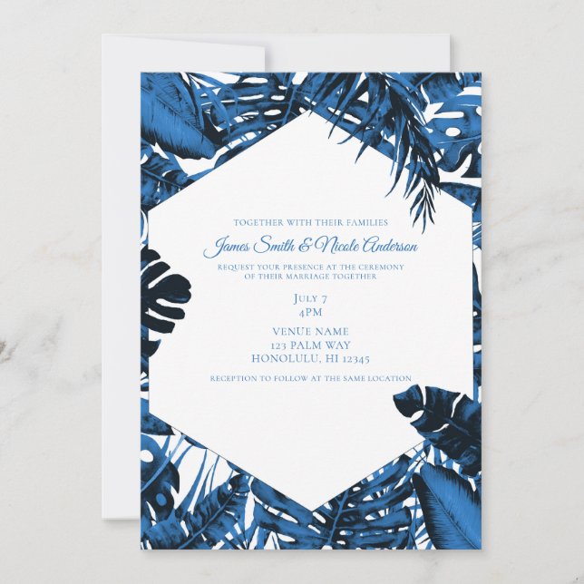 Invitation Mariage Feuille  Denim Blue Tropical Palm (Devant)