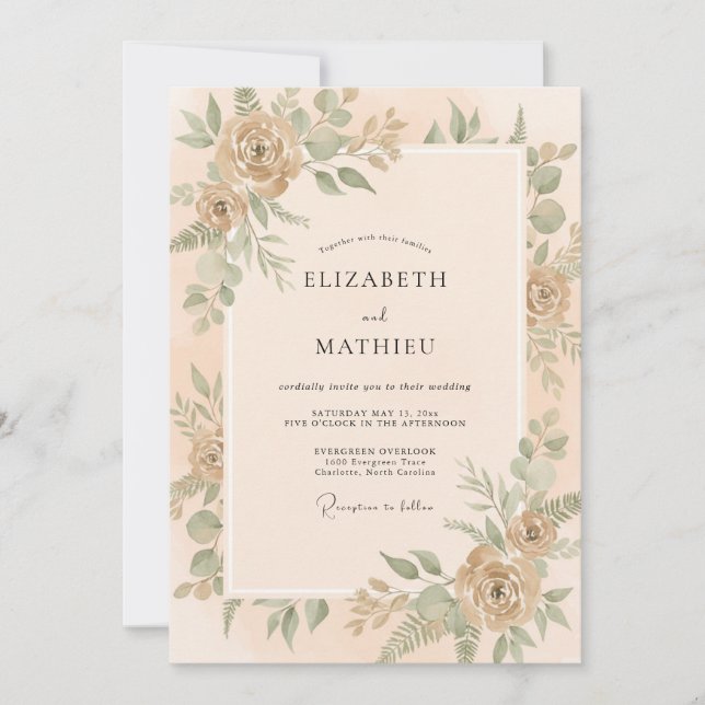 Invitation Mariage feuille d'eucalyptus abricot (Devant)