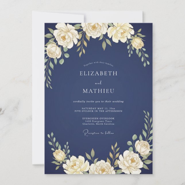 Invitation Mariage Feuille d'Ivoire Antique de Minuit (Devant)