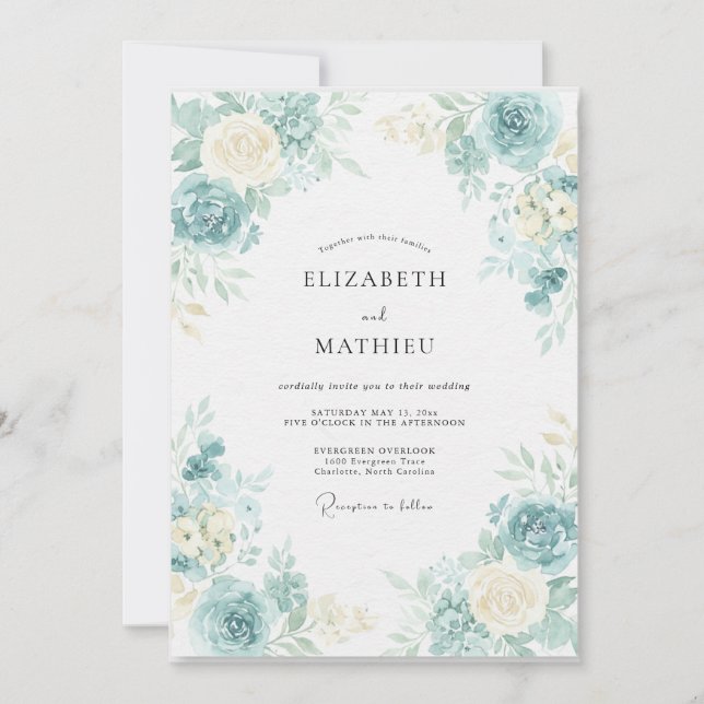 Invitation Mariage Feuille d'Ivoire Aqua (Devant)