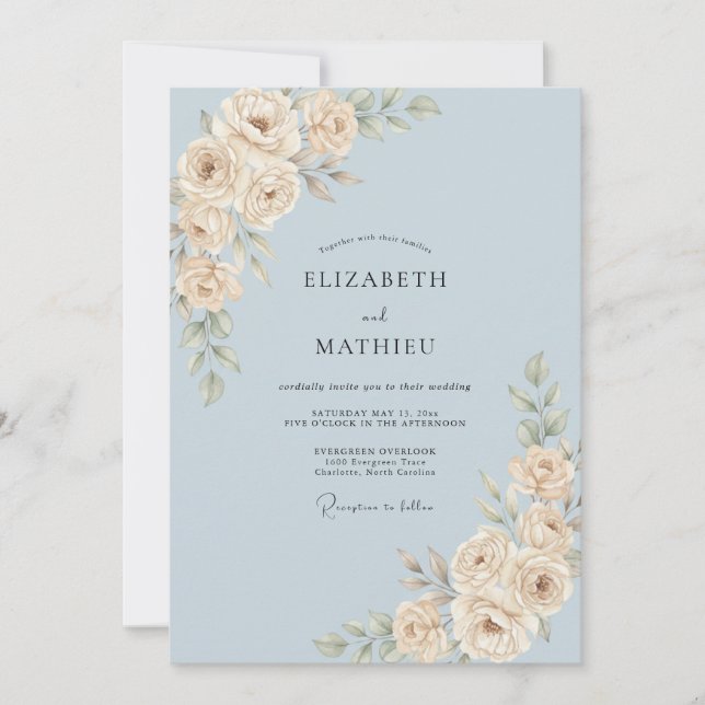 Invitation Mariage Feuille d'Ivoire Azur (Devant)