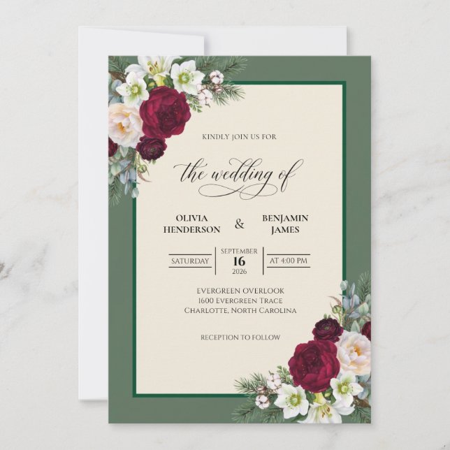 Invitation Mariage feuille d'ivoire bordeaux (Devant)