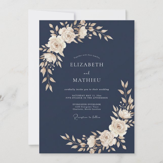 Invitation Mariage feuille d'ivoire chaud de minuit (Devant)