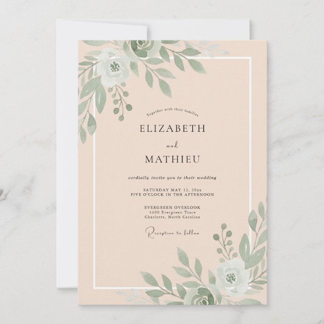 Invitation Mariage Feuille d'Olive Abricot (Devant)