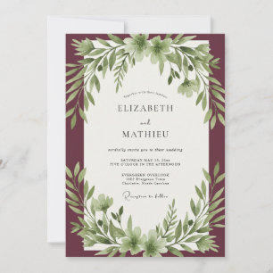 Invitation Mariage feuille d'olive bordeaux