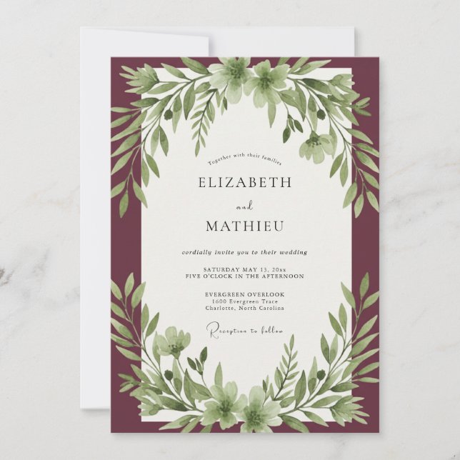 Invitation Mariage feuille d'olive bordeaux (Devant)