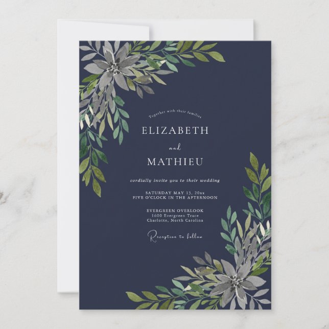 Invitation Mariage Feuille d'Olive de Minuit (Devant)