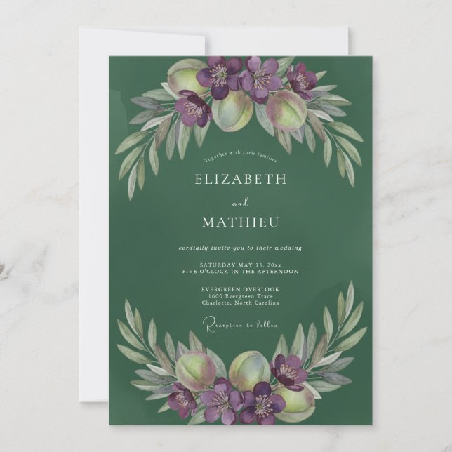Invitation Mariage feuille d'olive feuille de vigne améthyste (Devant)