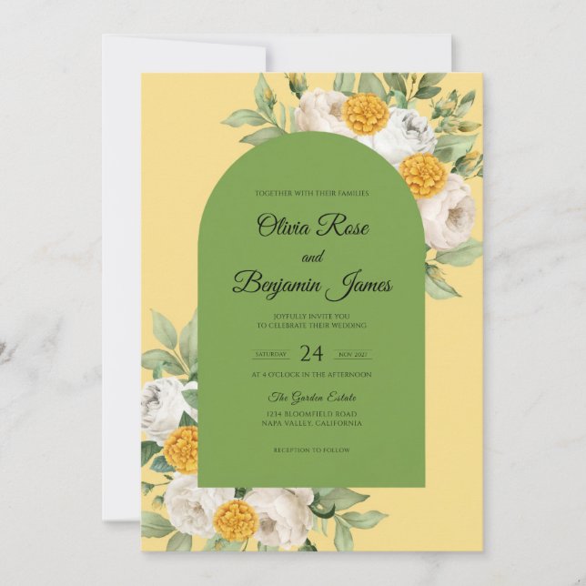 Invitation Mariage feuille d'olive jaune (Devant)