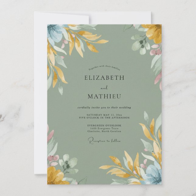Invitation Mariage feuille d'olive moutarde (Devant)