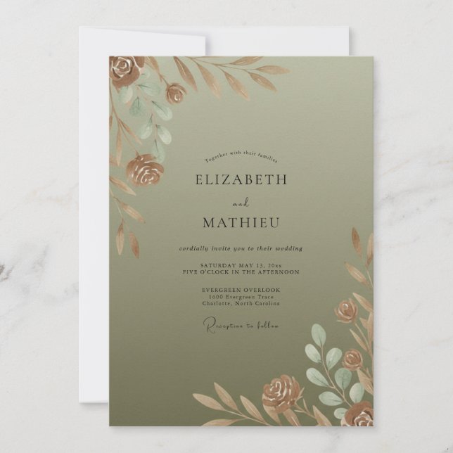 Invitation Mariage feuille d'olivier cuivré (Devant)