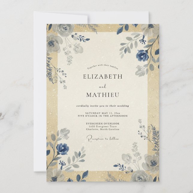Invitation Mariage feuille d'or acier (Devant)