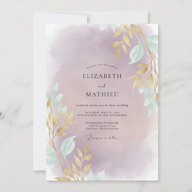 Invitation Mariage feuille d'or améthyste (Devant)