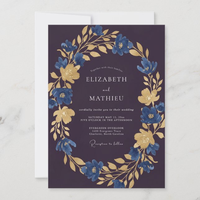 Invitation Mariage feuille d'or aubergine (Devant)