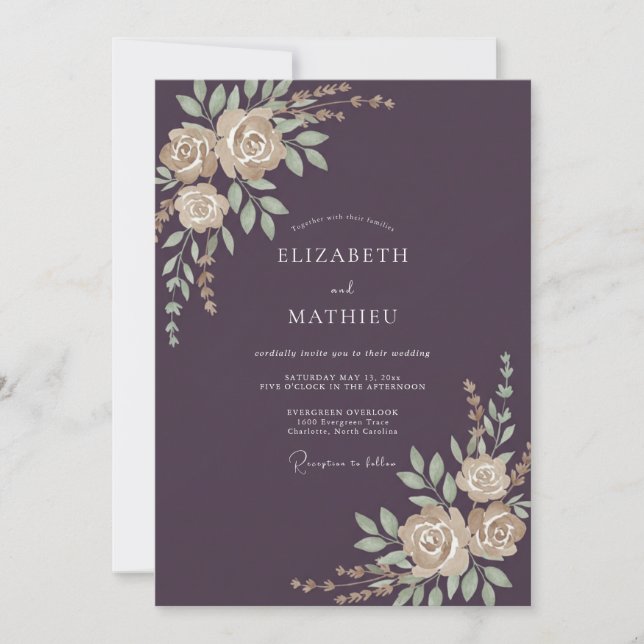 Invitation Mariage feuille d'or aubergine (Devant)