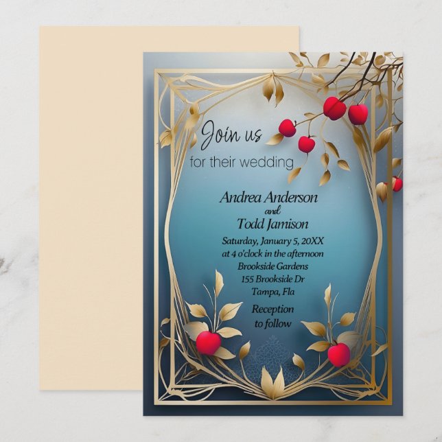 Invitation Mariage feuille d'or aux pommes rouges (Devant / Derrière)
