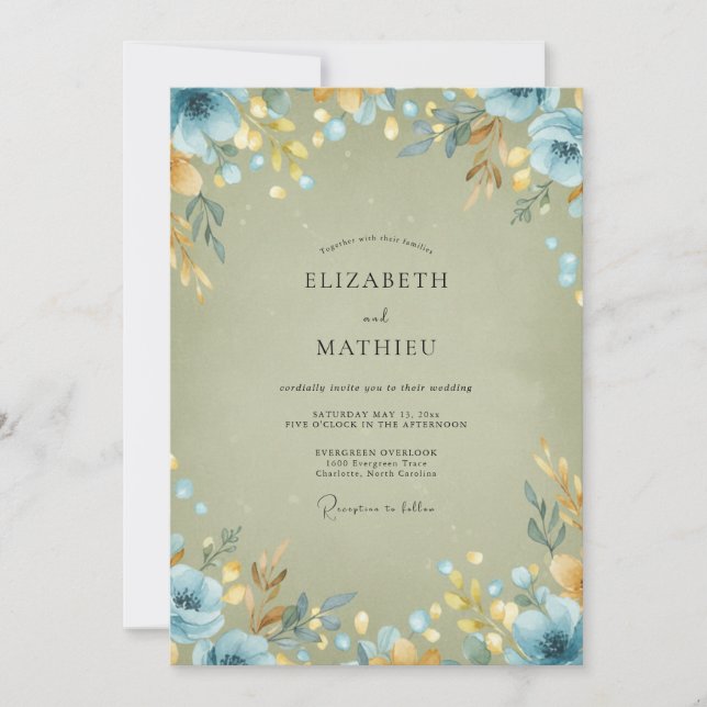 Invitation Mariage Feuille d'Or Bleuet (Devant)