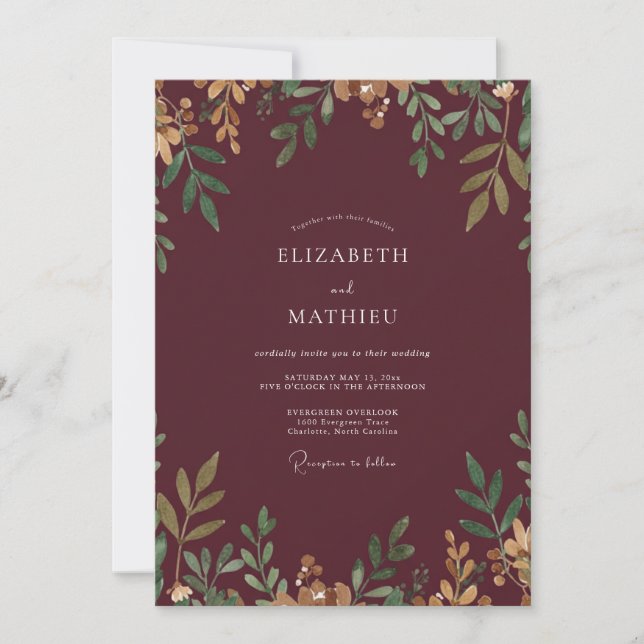 Invitation Mariage feuille d'or canneberge (Devant)