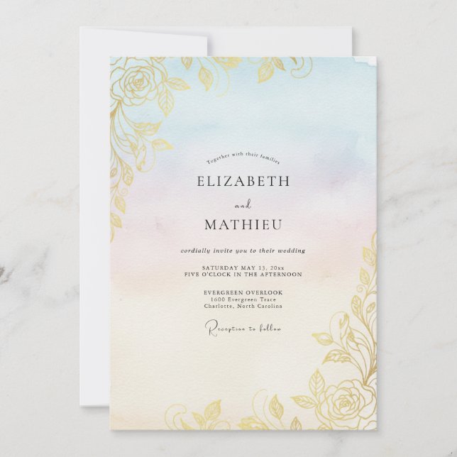 Invitation Mariage feuille d'or Champagne (Devant)