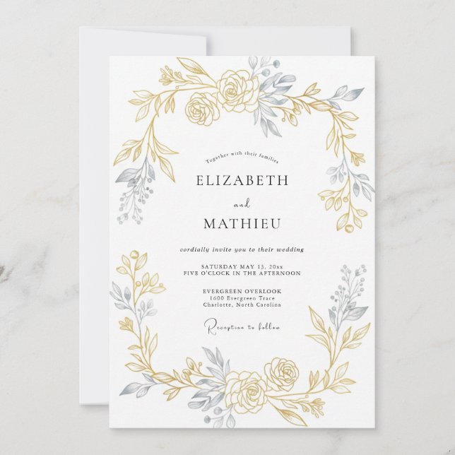 Invitation Mariage feuille d'or chaud champagne (Devant)