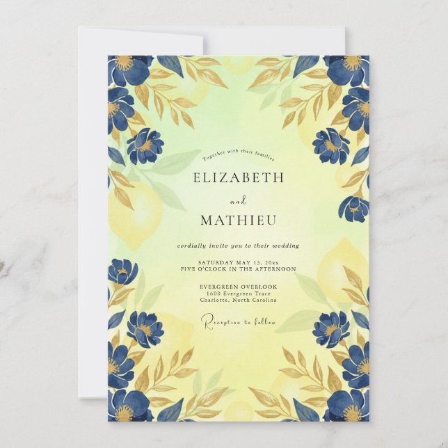 Invitation Mariage Feuille d'Or Cobalt (Devant)