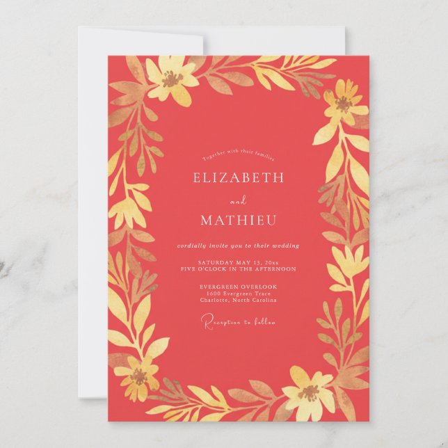 Invitation Mariage Feuille d'Or Corail (Devant)