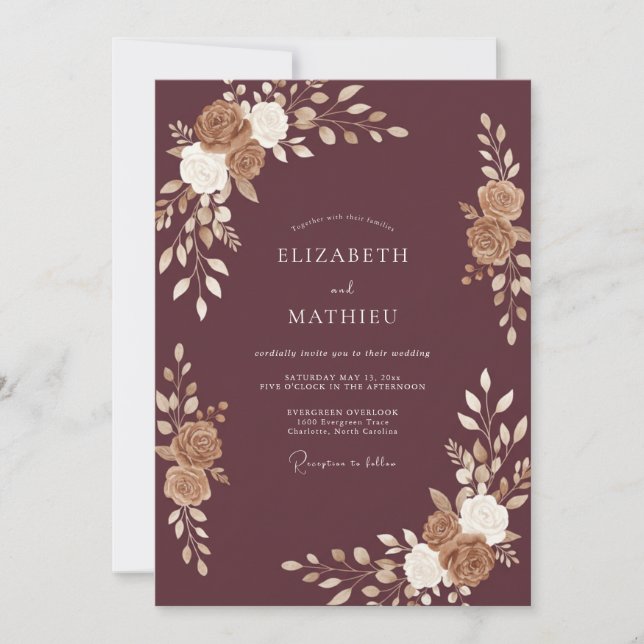Invitation Mariage Feuille d'Or Mauve (Devant)