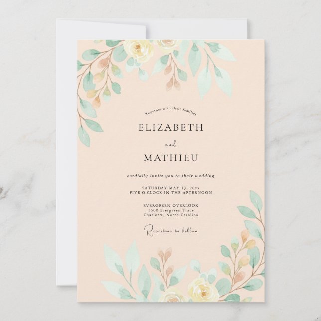 Invitation Mariage feuille d'or Menthe (Devant)
